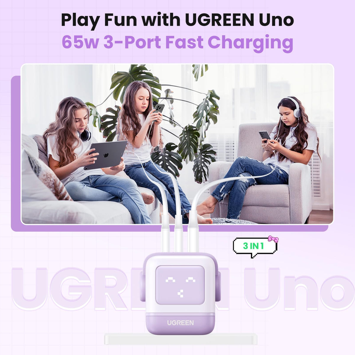UGREEN Uno 65W 3-Port USB C Charger Adapter, GaN Fast Charging Block, Black