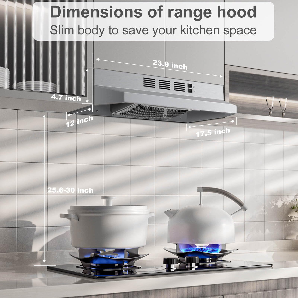 SNDOAS 30 inch Range Hood Ducted/Ductless Convertible Stainless Steel Range Hood Under Cabinet with Rocker Button Control,Vent Hood with LED Light,2 Speed Exhaust Fan,Under Cabinet Hood,Silver