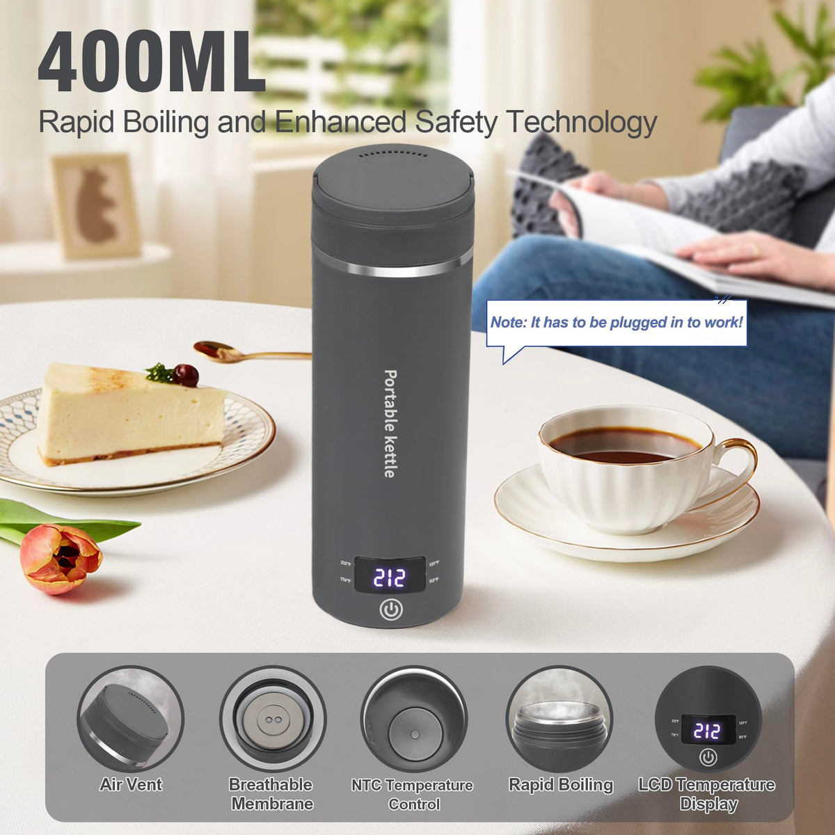 Portable Electric Kettle for Travel 120V, 13.5oz, 4 Temp Settings