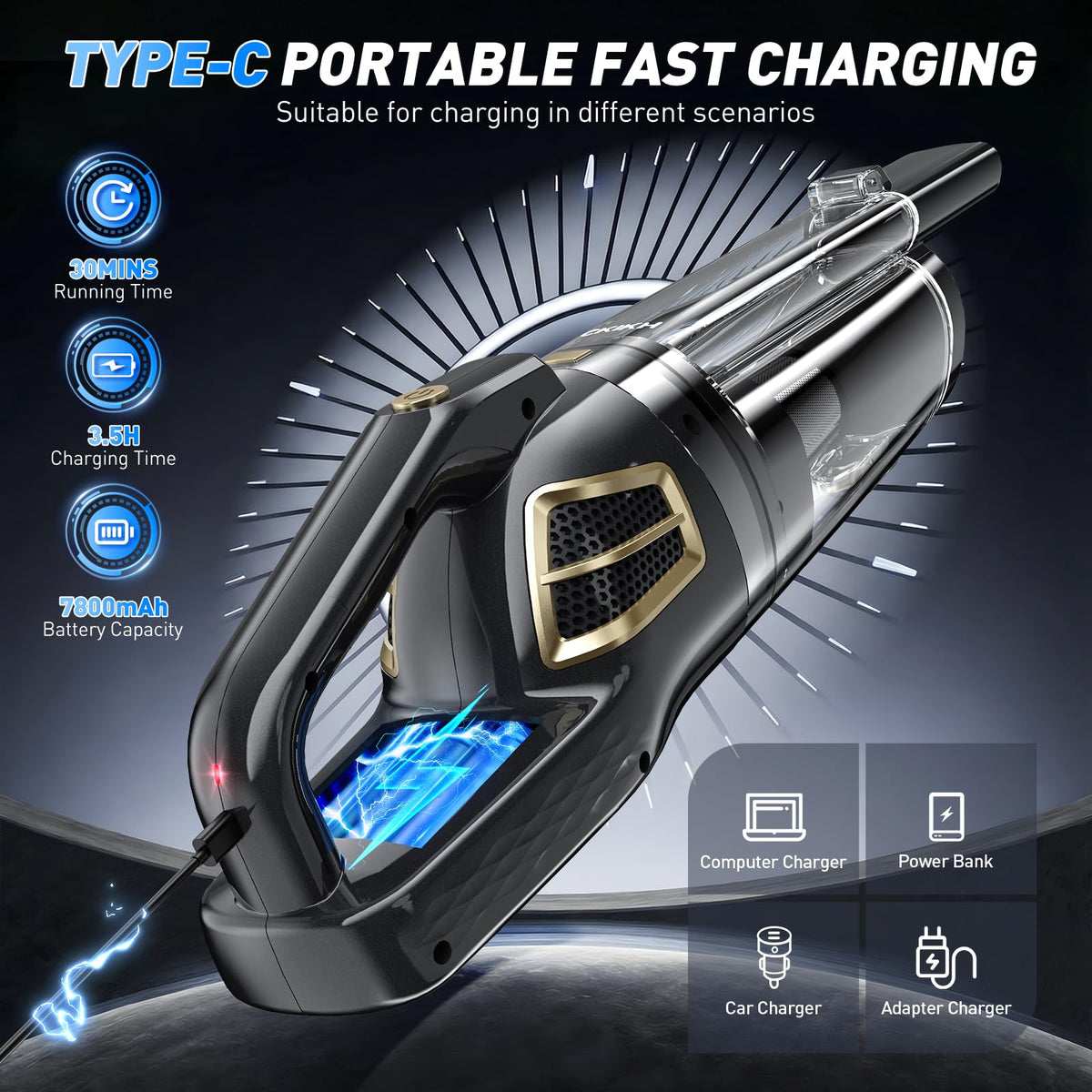CKIKH Handheld Vacuum Cordless, 15000PA Hand Held Car Vacuum Cleaner
