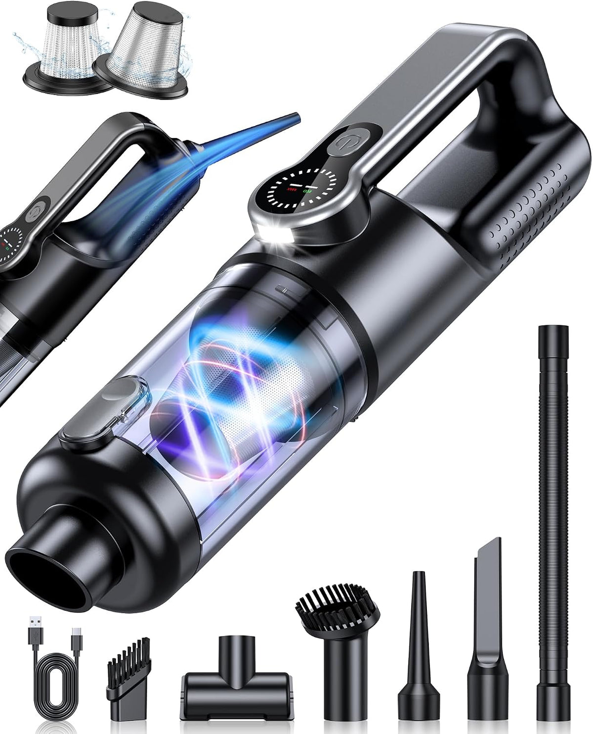 Cordless Handheld Vacuum Cleaner, 2-in-1 Vacuum & Blower, 36000Pa Suction Brushless Motor, Car Vacuum with LED Light, Lightweight, Covers for Car, Home, Office and Outdoor Use, Carbon Black