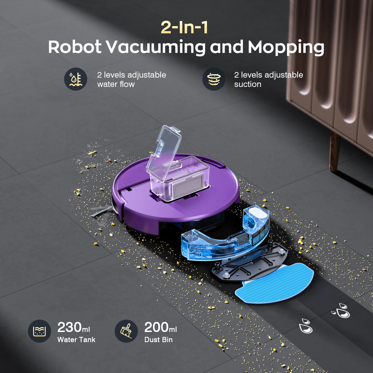 Robot Vacuum and Mop, Strong Suction, App Control, Pet Hair, Self-Charging