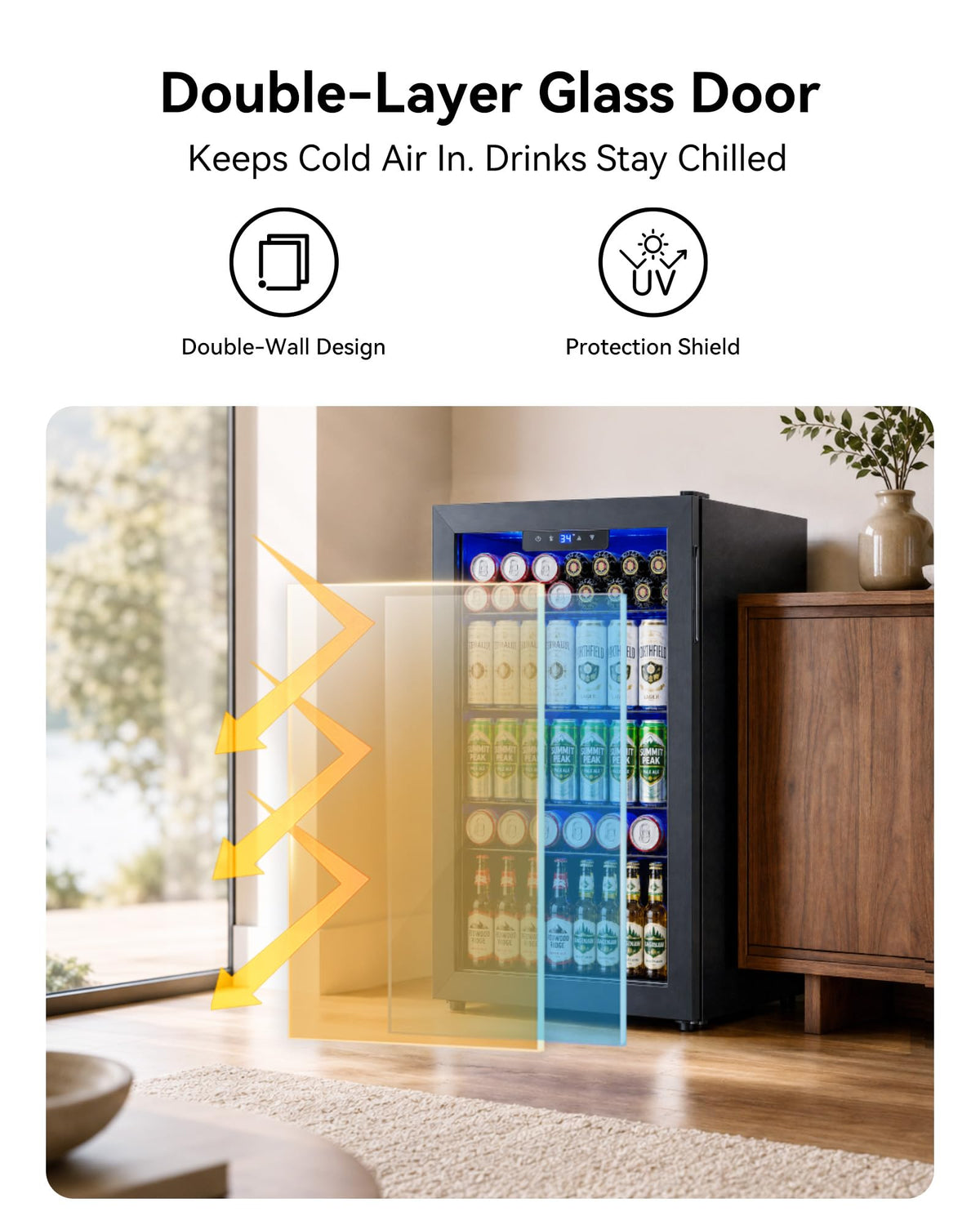 Feelfunn 126 Can Beverage Refrigerator, Glass Door Mini Fridge, 3.2 Cu.Ft