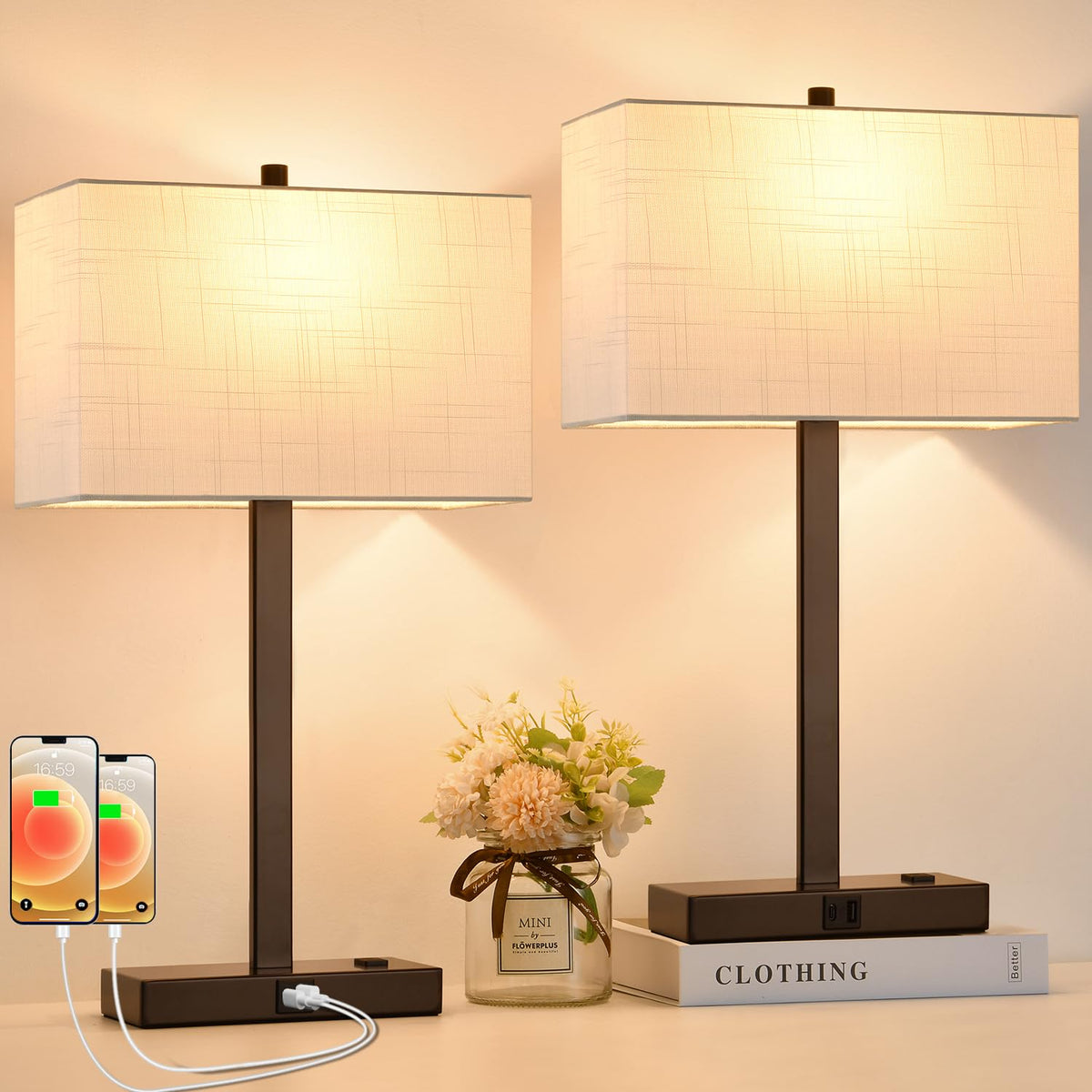 Lynnoland Set of 2 Touch Control Table Lamps with 2 USB & AC Outlet, 3-Way Dimmable Bedside Nightstand Lamps for Bedroom Living Room Nursery, 800 Lumens 5000K Daylight Bulbs Included
