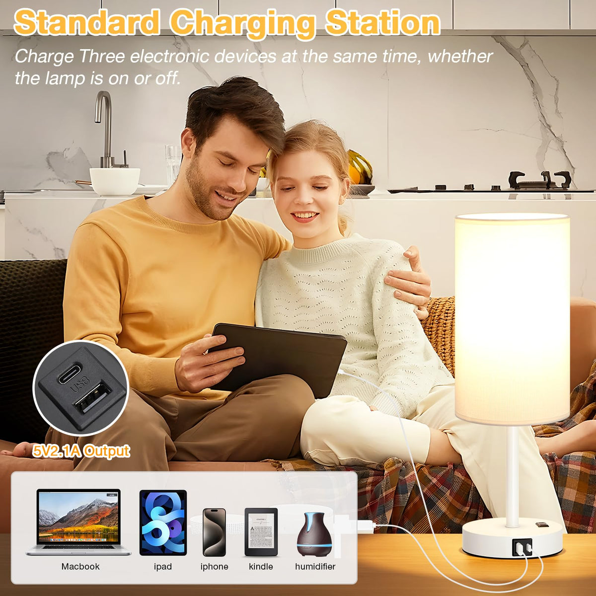 Dicoool Bedside Table Lamp for Bedroom - 3-Way Dimmable Touch Lamp, USB A+C