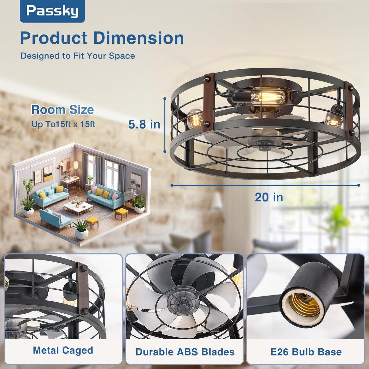 Passky 20" Caged Ceiling Fans with Lights and Remote, Low Profile Fandelier