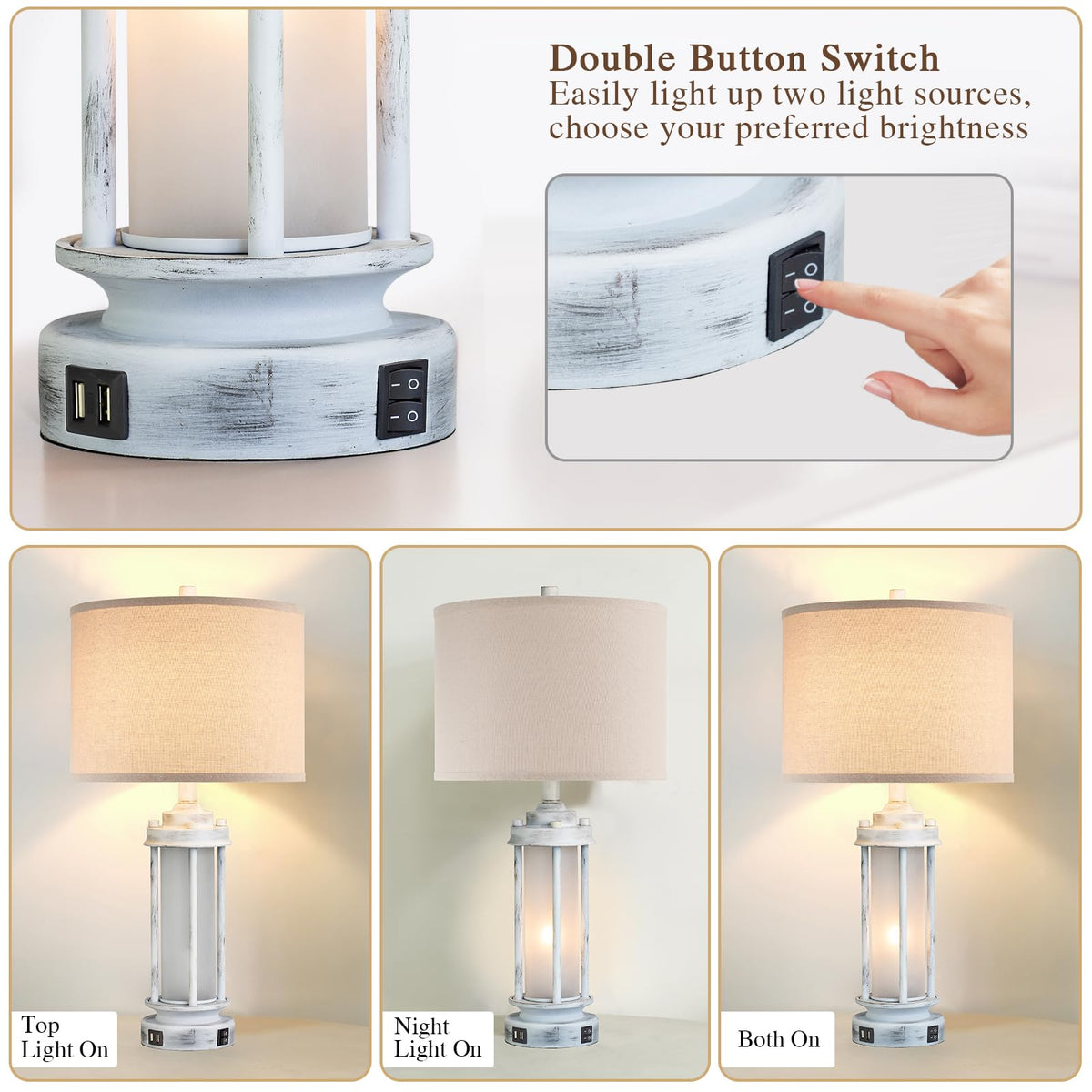 AIEAMPDO 25'' Set of 2 Farmhouse Table Lamps for Living Room with USB C+A