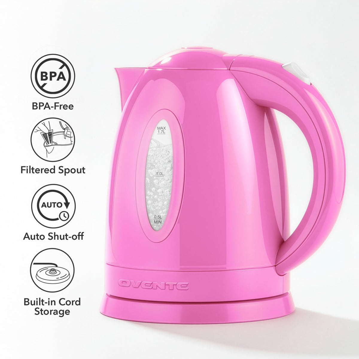 OVENTE 1.7L Electric Tea Kettle, Fast Boiling Water Heater, White KP72W