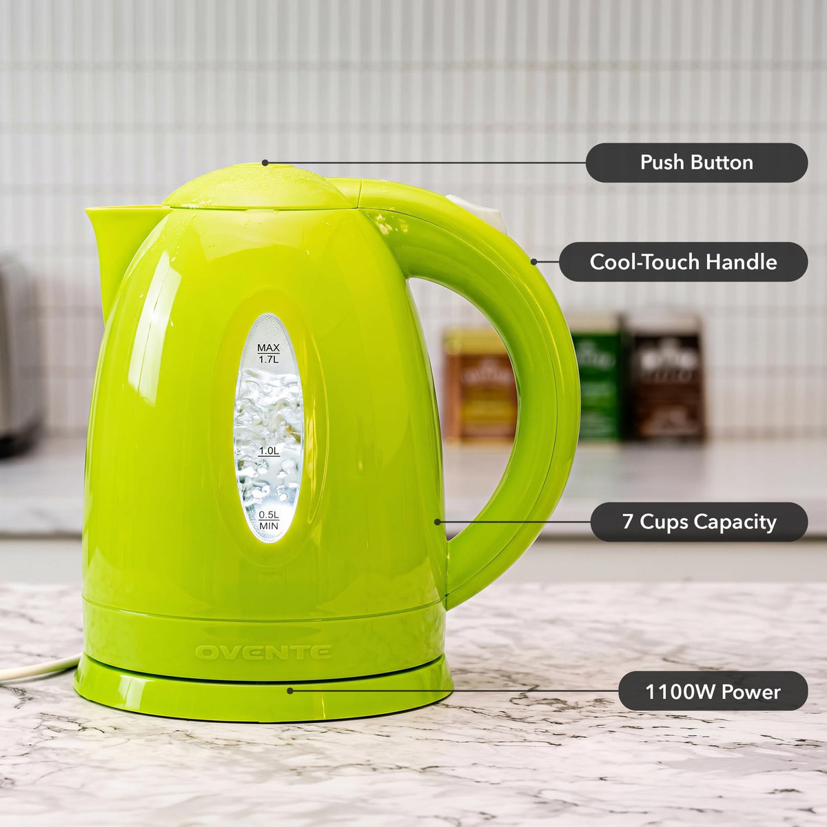 OVENTE 1.7L Electric Tea Kettle, Fast Boiling Water Heater, White KP72W