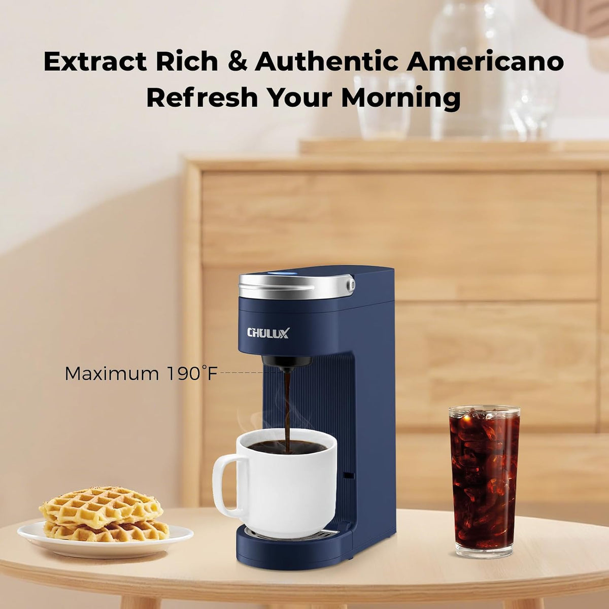 CHULUX Slim Single Serve Coffee Maker for K Cup, One Cup Design, Matte Navy