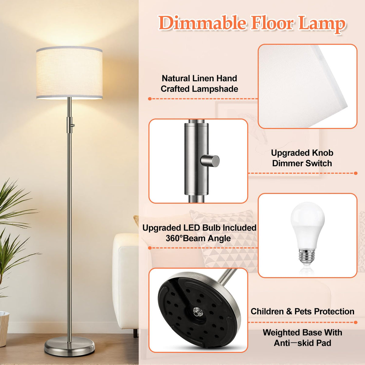 【Upgraded】 Dimmable Floor Lamp for Living Room,1000 Lumens Bulb Included, Modern Floor Lamps Simple Design with Linen Shade, Tall Standing Lamp for Bedroom Office Dining Room, Black Pole Lamp