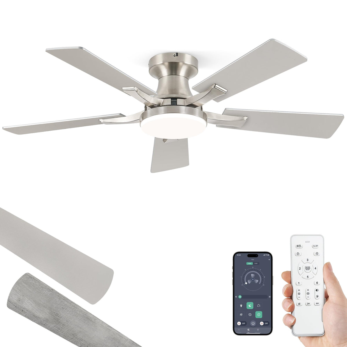 ZMISHIBO 52 Inch Ceiling Fans with Lights, Remote&App Control, Flush Mount