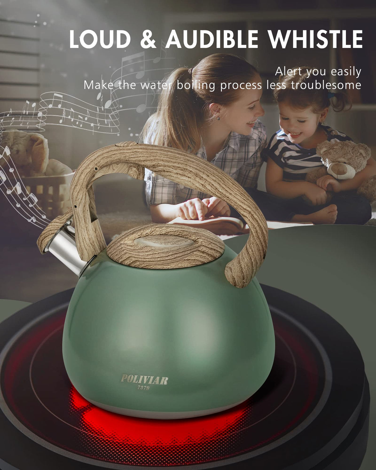 POLIVIAR Tea Kettle, 2.7 Quart Natural Stone Finish with Wood Pattern Handle Loud Whistle Food Grade Stainless Steel Teapot, Anti-Hot Handle and Anti-Rust, Suitable for All Heat Sources (JX2018-GR20)