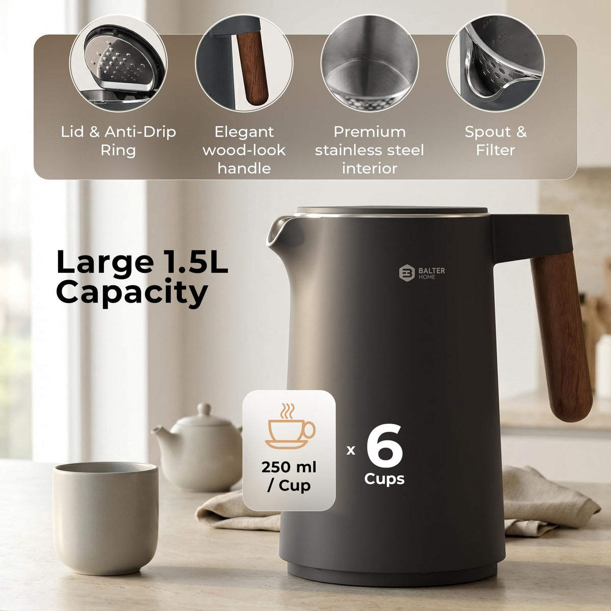 BALTER Electric Kettle with Temperature control, 113 °F – 212 °F, Tea pot, Stainless steel, double wall water kettle, BPA-free, 1.5 L, Black