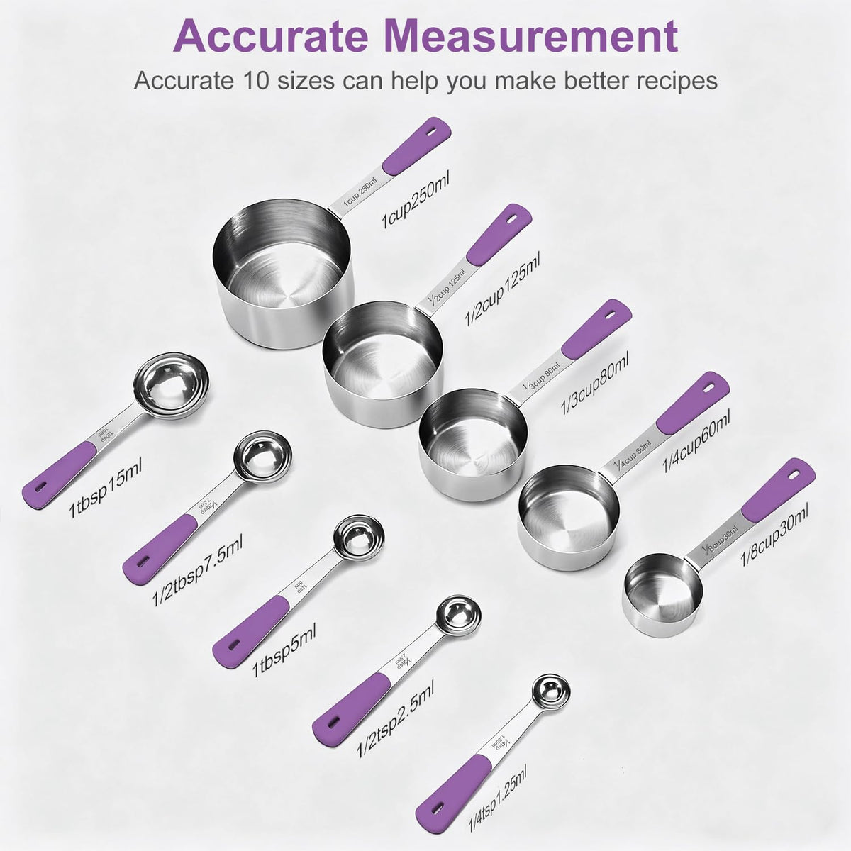 10-Pcs Stainless Steel Measuring Cups & Spoons Set, Colorful Handles