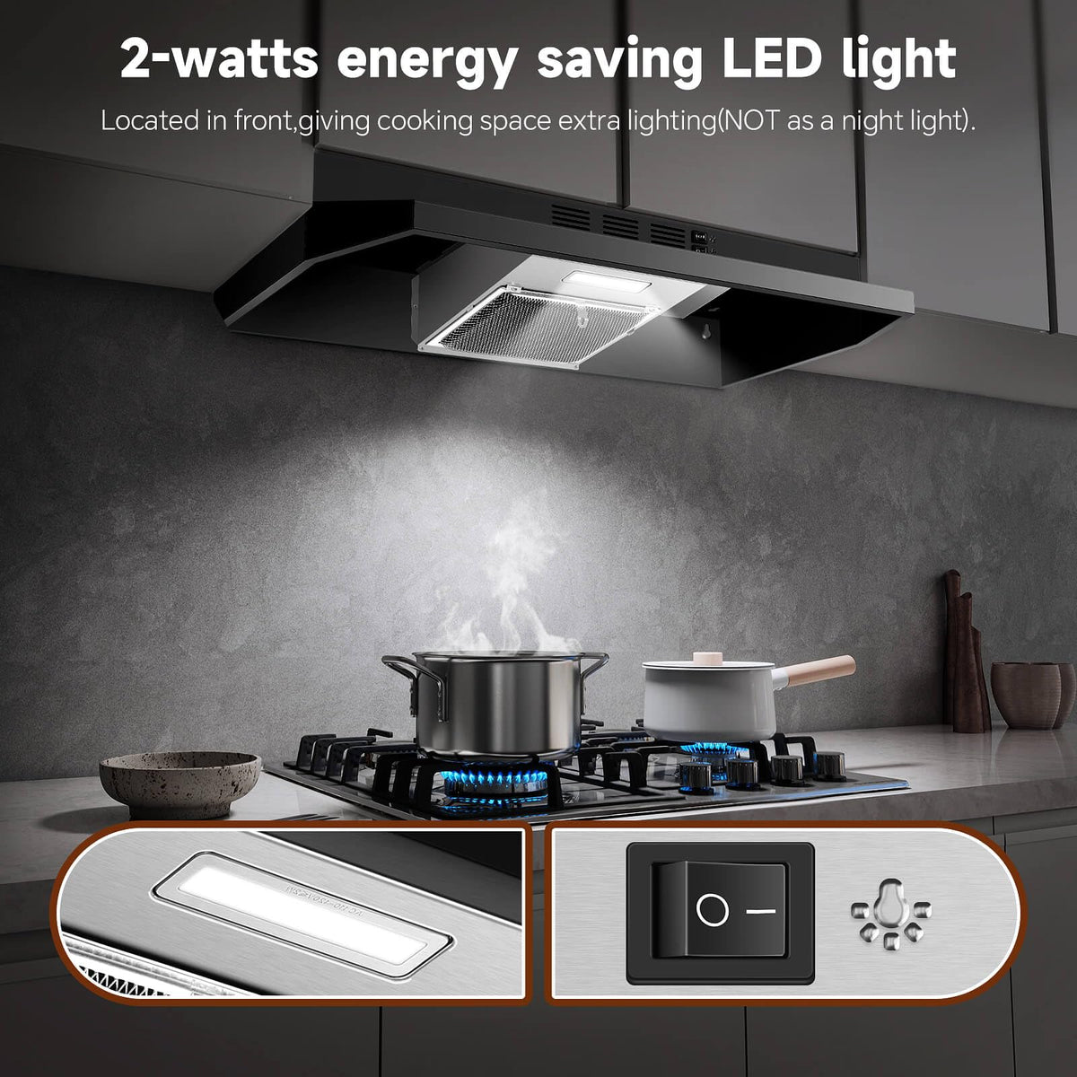 SNDOAS 30 inch Range Hood Ducted/Ductless Convertible Stainless Steel Range Hood Under Cabinet with Rocker Button Control,Vent Hood with LED Light,2 Speed Exhaust Fan,Under Cabinet Hood,Silver