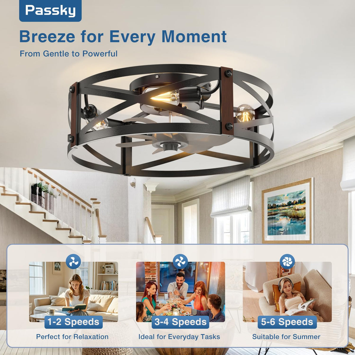 Passky 20" Caged Ceiling Fans with Lights and Remote, Low Profile Fandelier