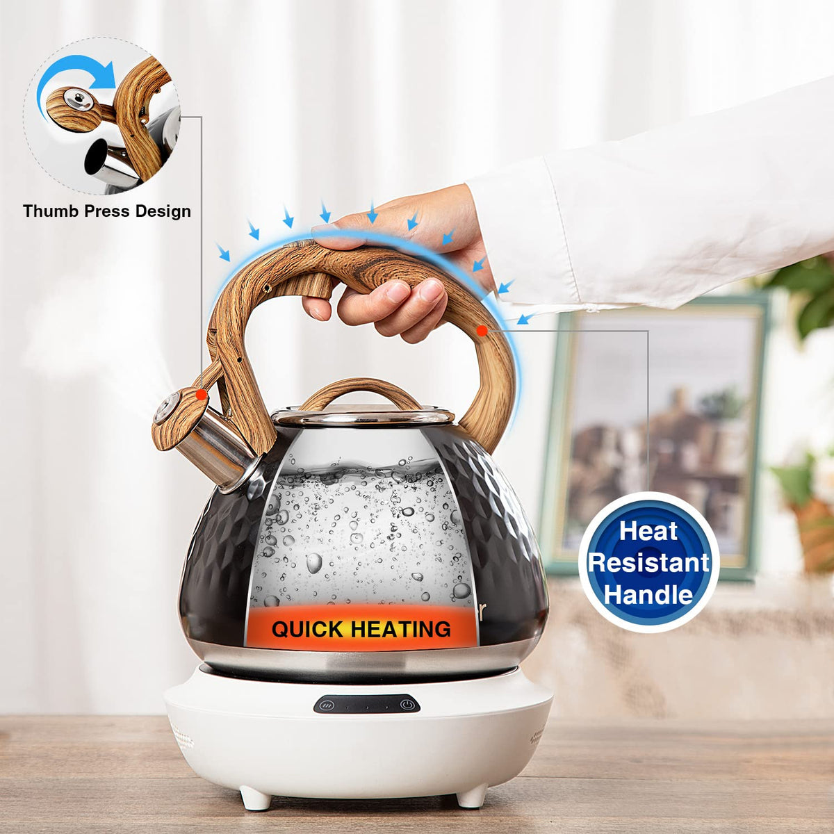 Tea Kettle, Toptier Teapot Whistling Kettle with Wood Pattern Handle Loud Whistle, Food Grade Stainless Steel Tea Pot for Stovetops Induction Water Kettle, 2.7-Quart Butterfly