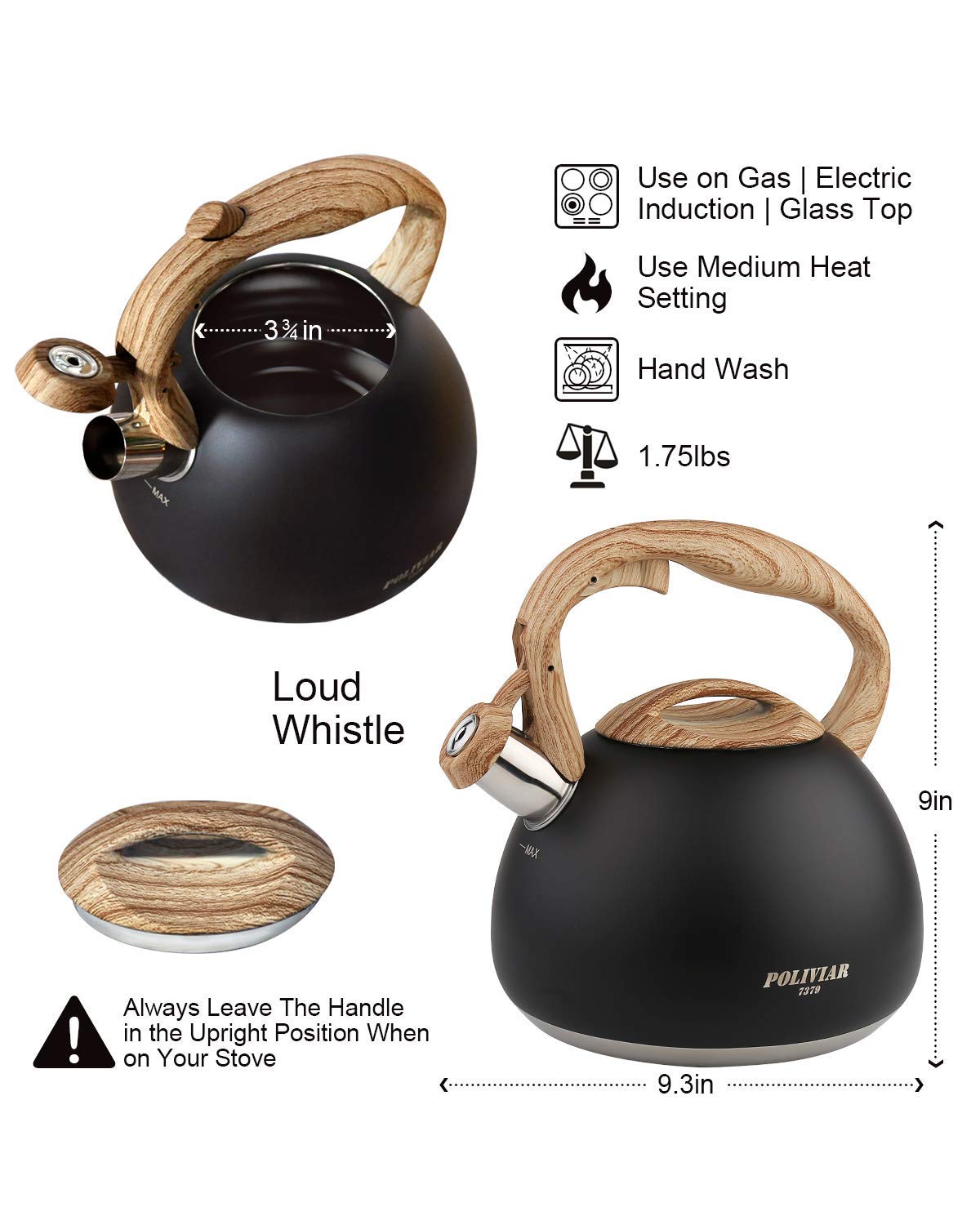 POLIVIAR Tea Kettle, 2.7 Quart Natural Stone Finish with Wood Pattern Handle Loud Whistle Food Grade Stainless Steel Teapot, Anti-Hot Handle and Anti-Rust, Suitable for All Heat Sources (JX2018-GR20)