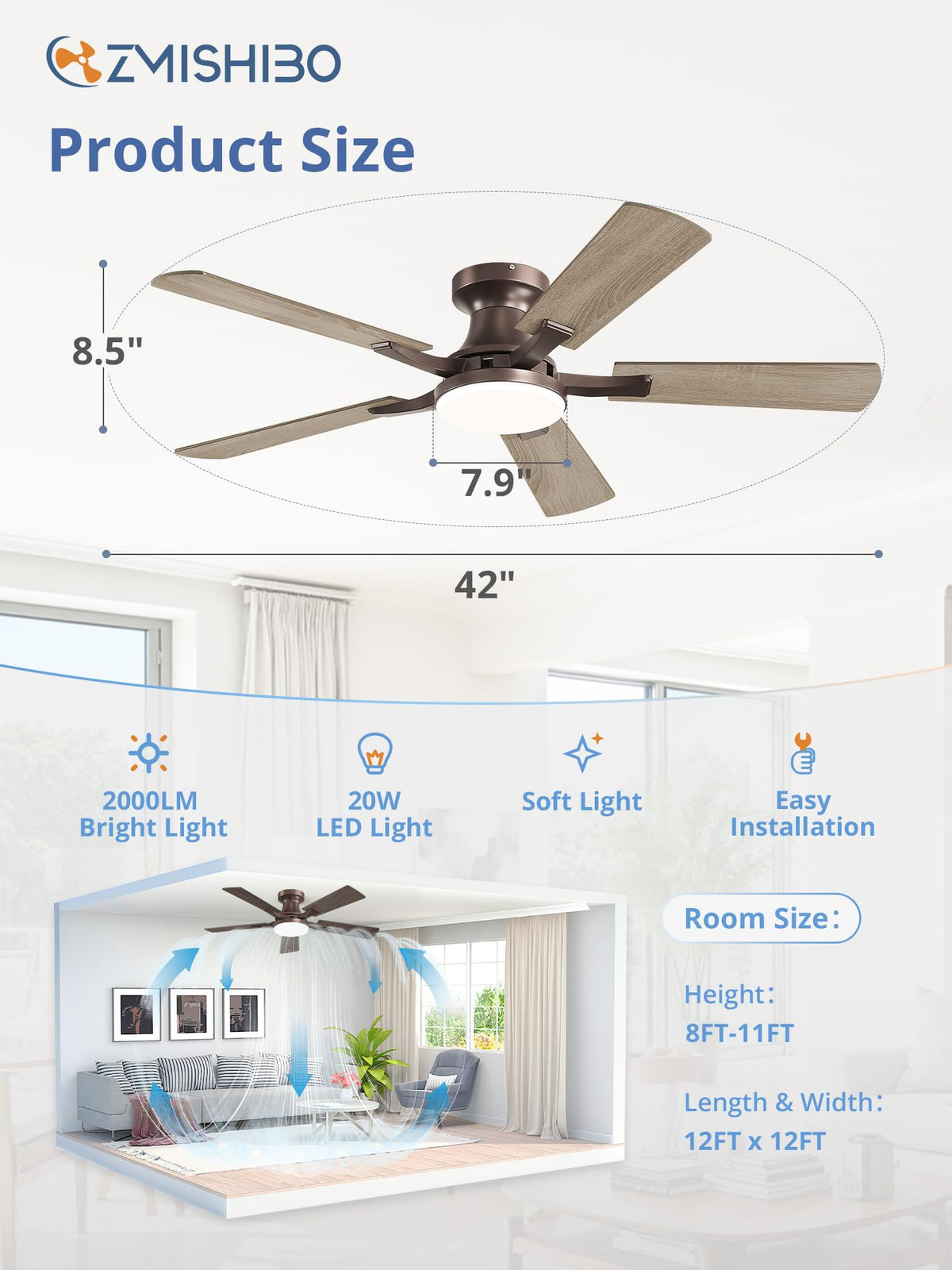 ZMISHIBO 52 Inch Ceiling Fans with Lights, Remote&App Control, Flush Mount