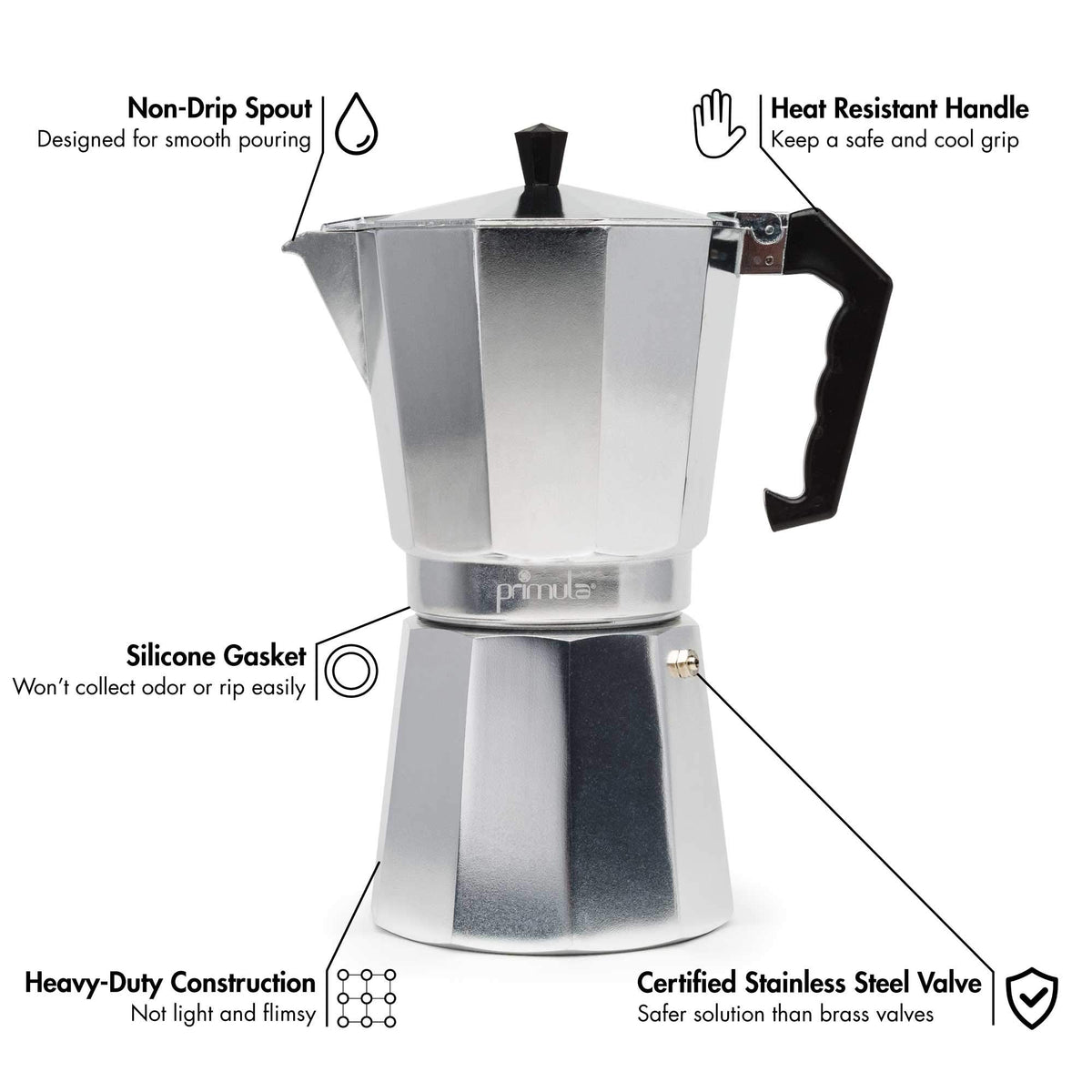 Primula Classic Stovetop Espresso and Coffee Maker, Moka Pot for Italian and Cuban Café Brewing, Greca Coffee Maker, Cafeteras, 9 Espresso Cups, Silver