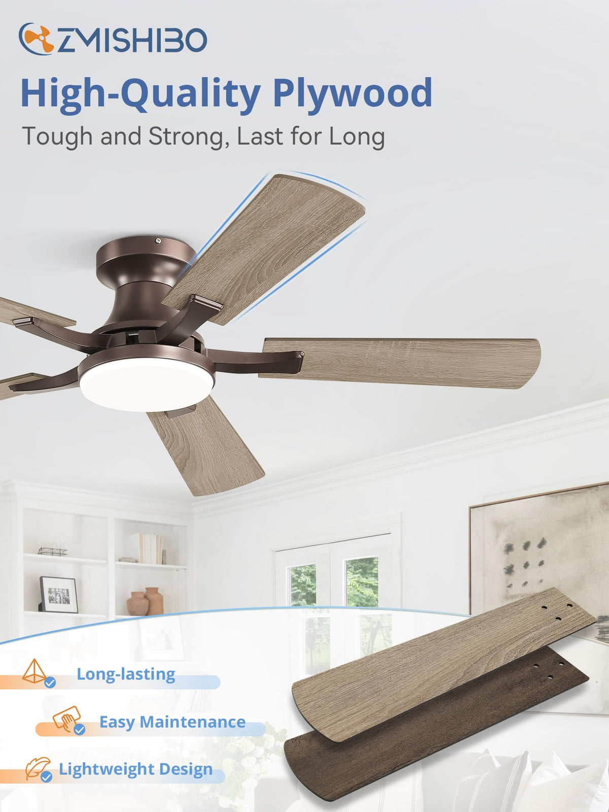 ZMISHIBO 52 Inch Ceiling Fans with Lights, Remote&App Control, Flush Mount
