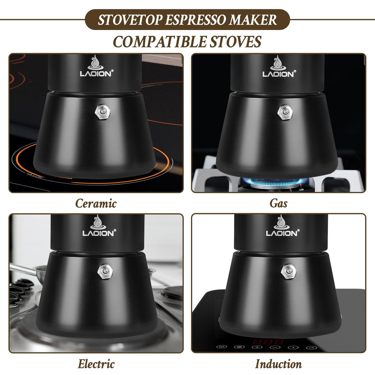 LAOION Stovetop Espresso Maker, 6Cup 10 oz Moka Pot, Stainless Steel