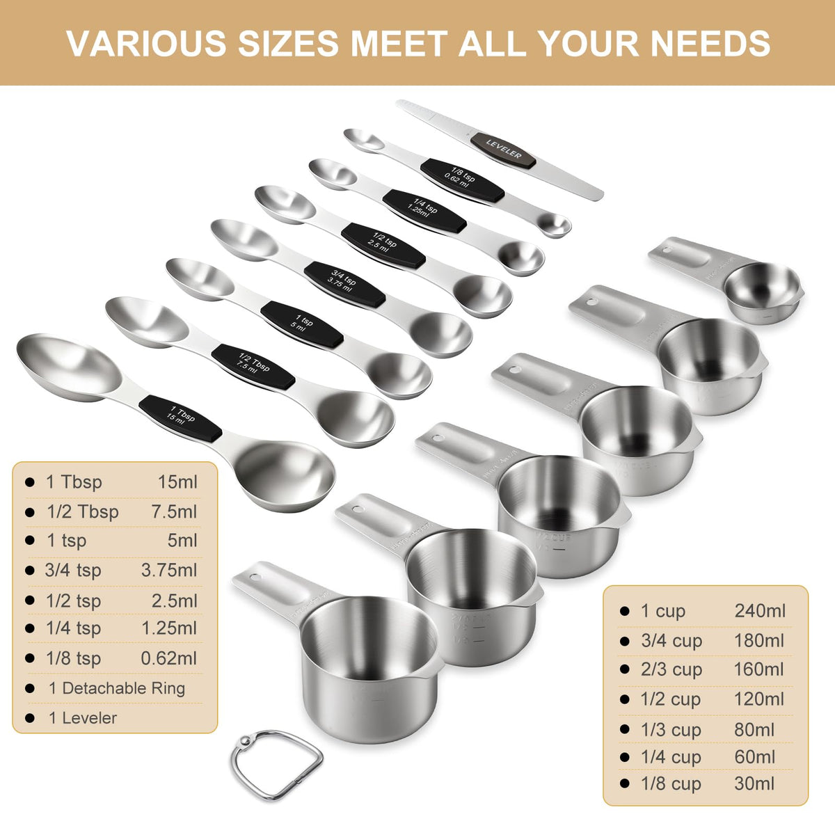 EWFEN Measuring Cups and Spoons Set, 7 Stainless Steel Nesting Measuring Cups & 7 Spoons, 5 Mini Measuring Spoons &1 Leveler, Kitchen Gadgets for Cooking & Baking, Square