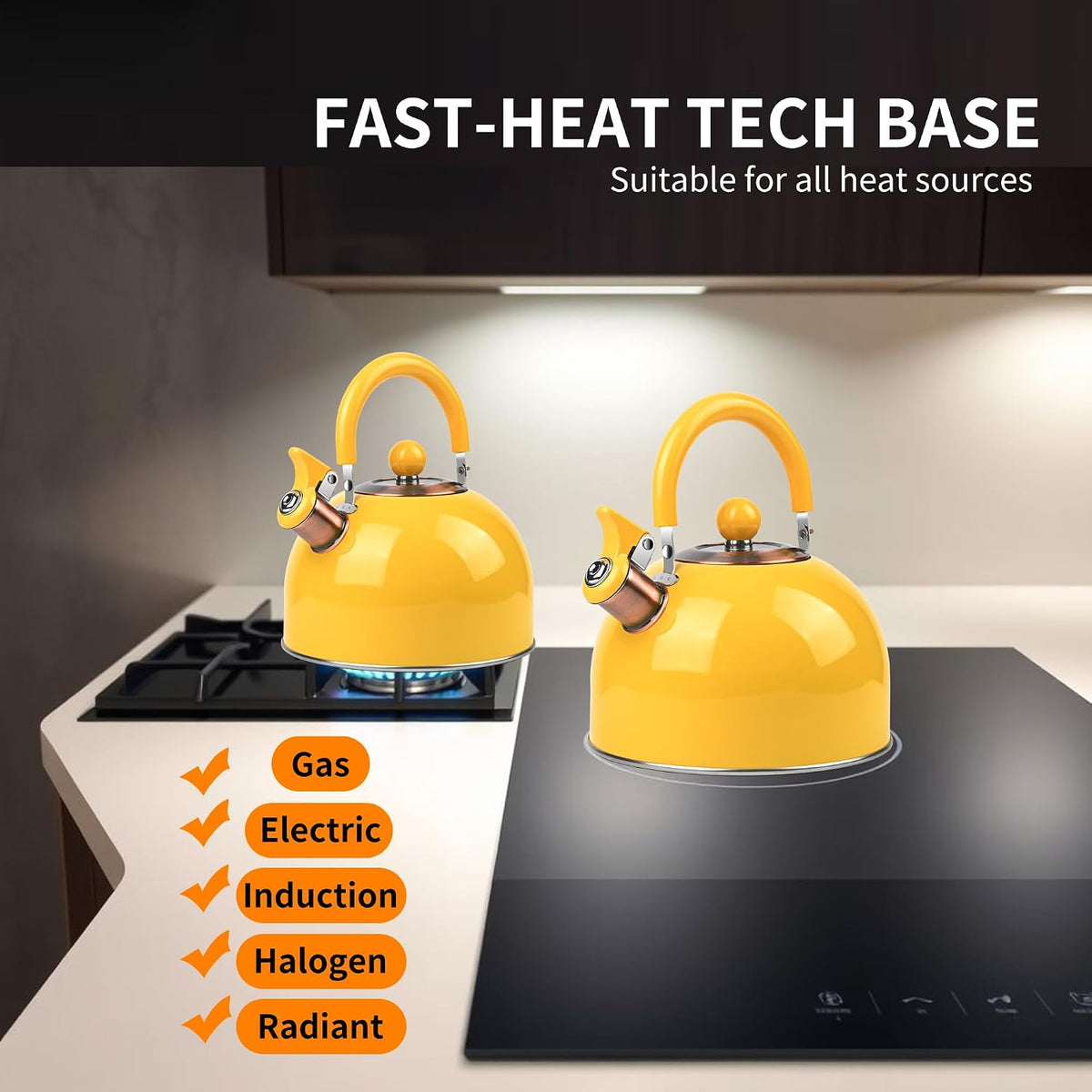 2.6 Quart Yellow Whistling Tea Kettle, Multiple Color Available, Stainless Steel Stovetop Teapot with Cool-Touch Handle, Loud Whistle, Induction Compatible for Gas, Electric & Glass Cooktops