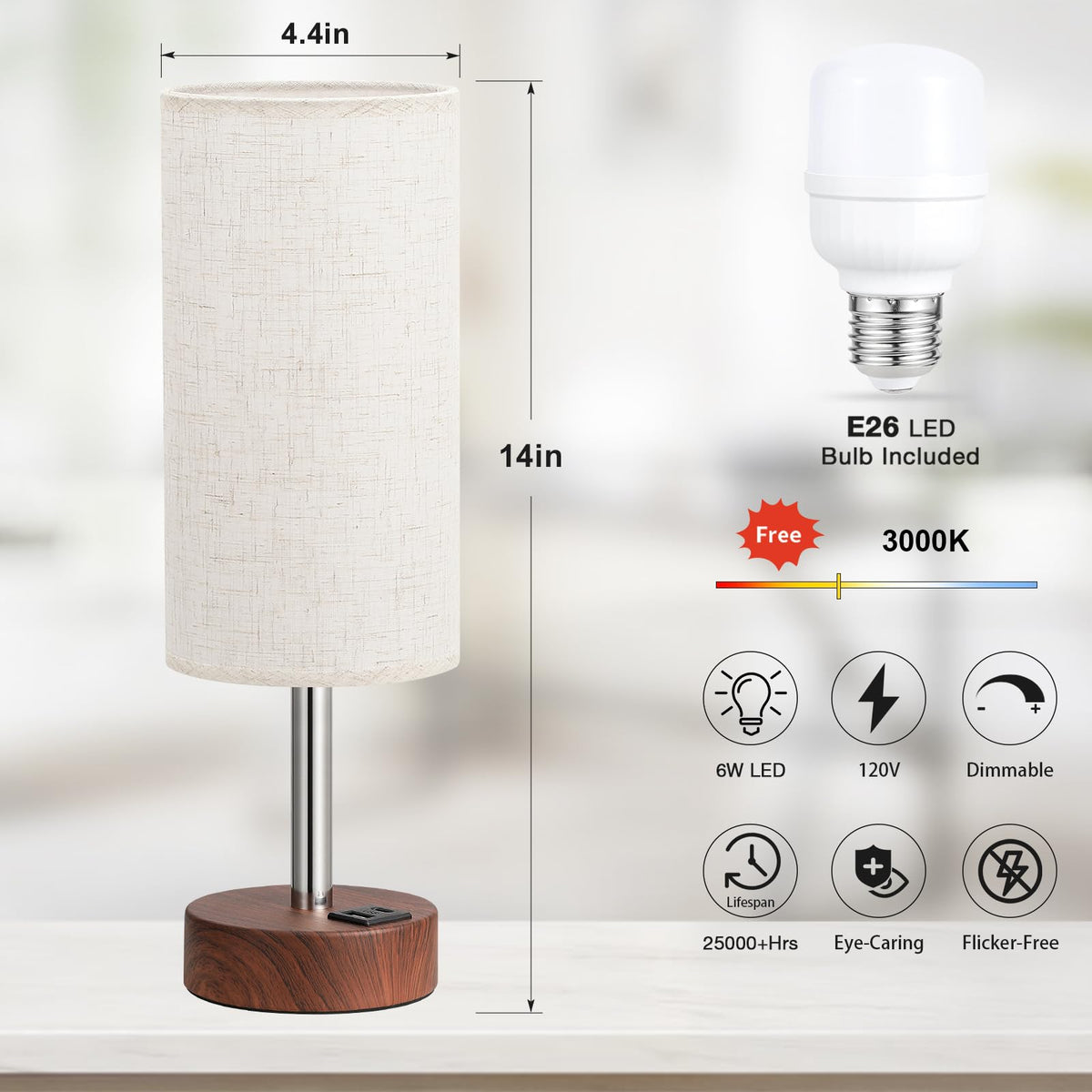 Dicoool Bedside Table Lamp for Bedroom - 3-Way Dimmable Touch Lamp, USB A+C