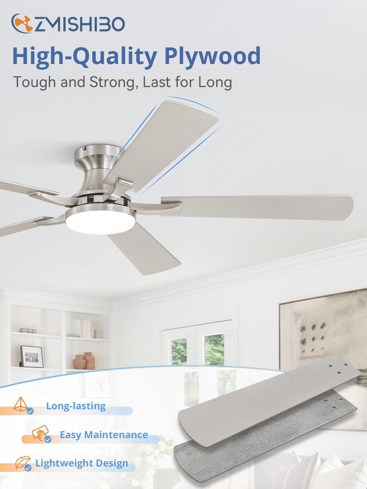 ZMISHIBO 52 Inch Ceiling Fans with Lights, Remote&App Control, Flush Mount