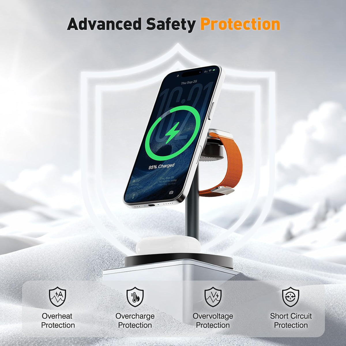3 in 1 Fast Charging Station, 15W Magnetic Wireless Charger Stand