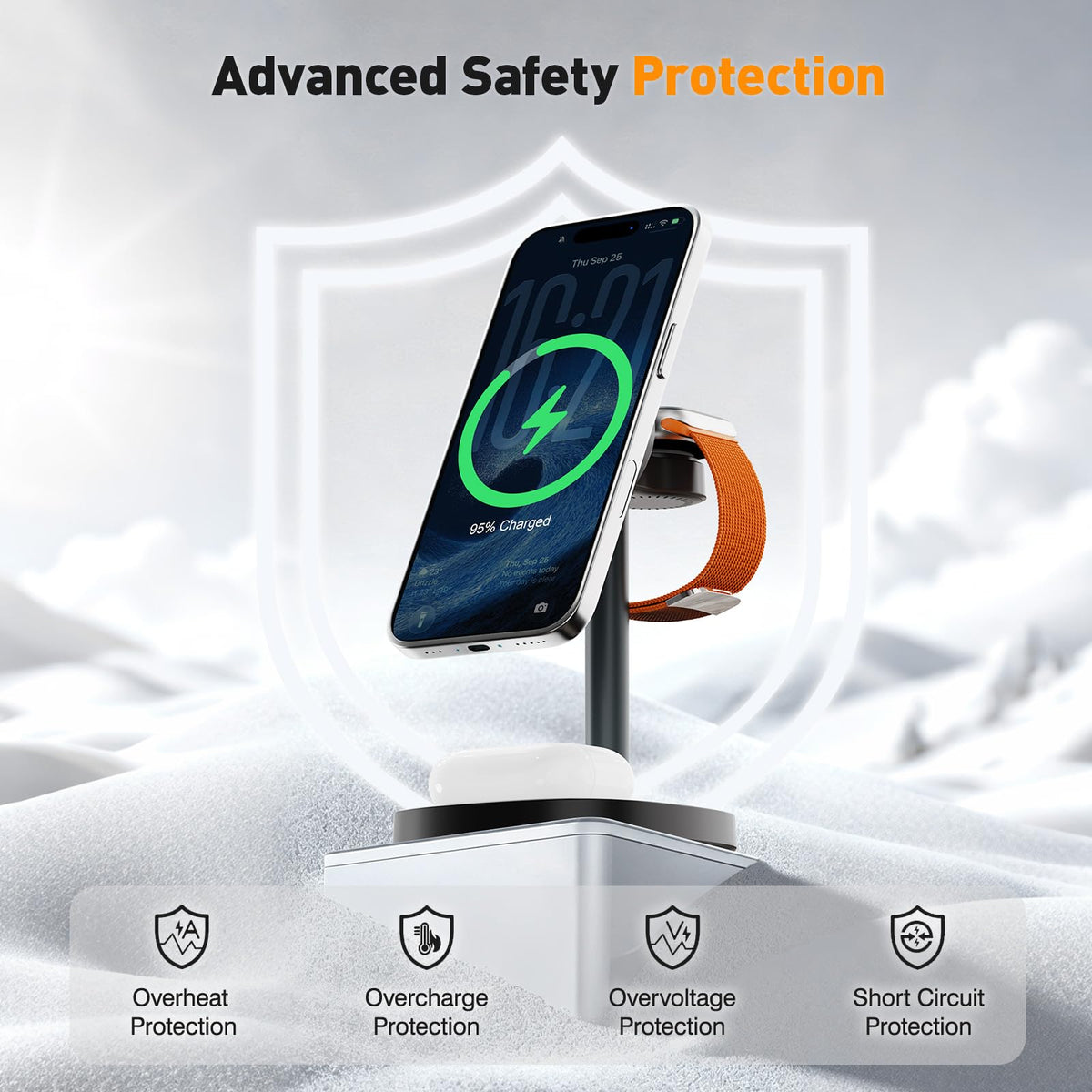 3 in 1 Fast Charging Station, 15W Magnetic Wireless Charger Stand