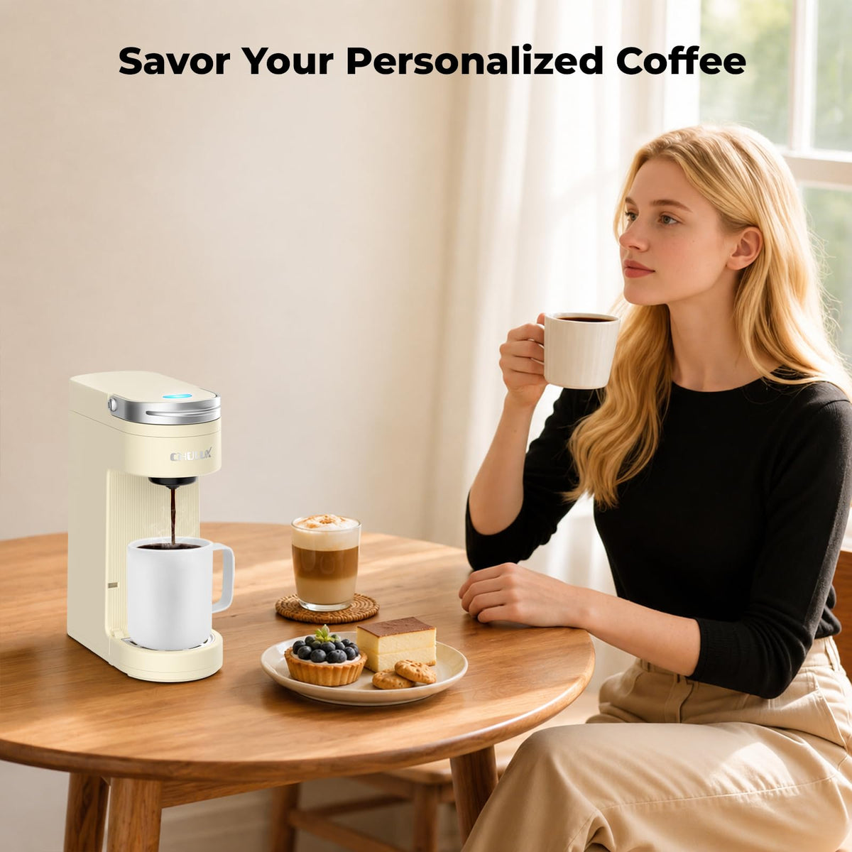 CHULUX Slim Single Serve Coffee Maker for K Cup, One Cup Design, Matte Navy