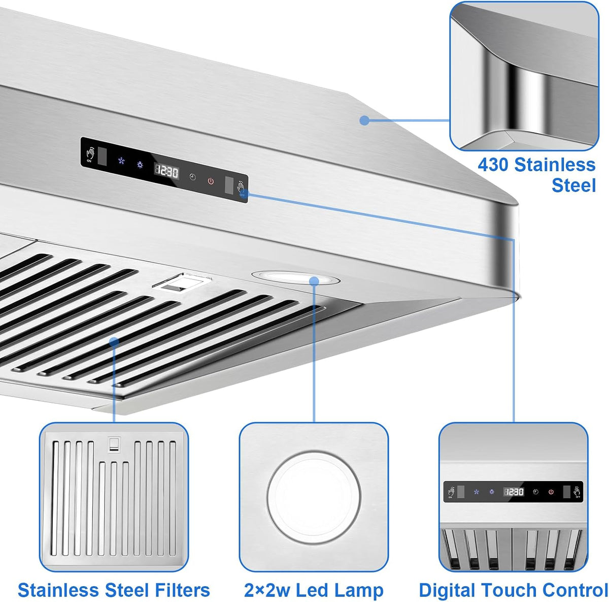 Under Cabinet Range Hood 30 inch, 900 CFM, Remote Control, Time Setting