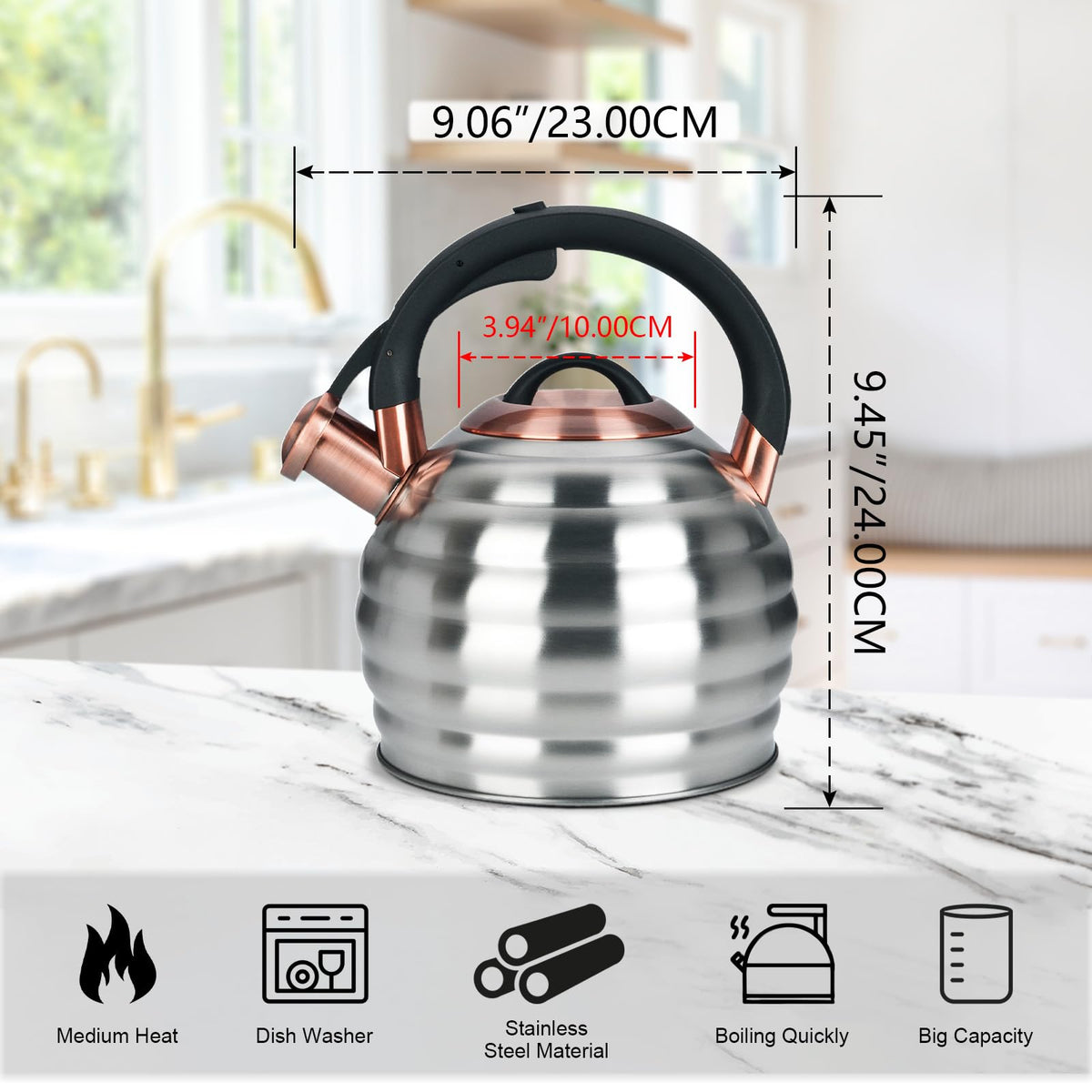 Tea Kettle for Stove Top Whistling Teapot, 3.2Q Tea Pot Stainless Steel Teakettle with Heat Proof Ergonomic Handle