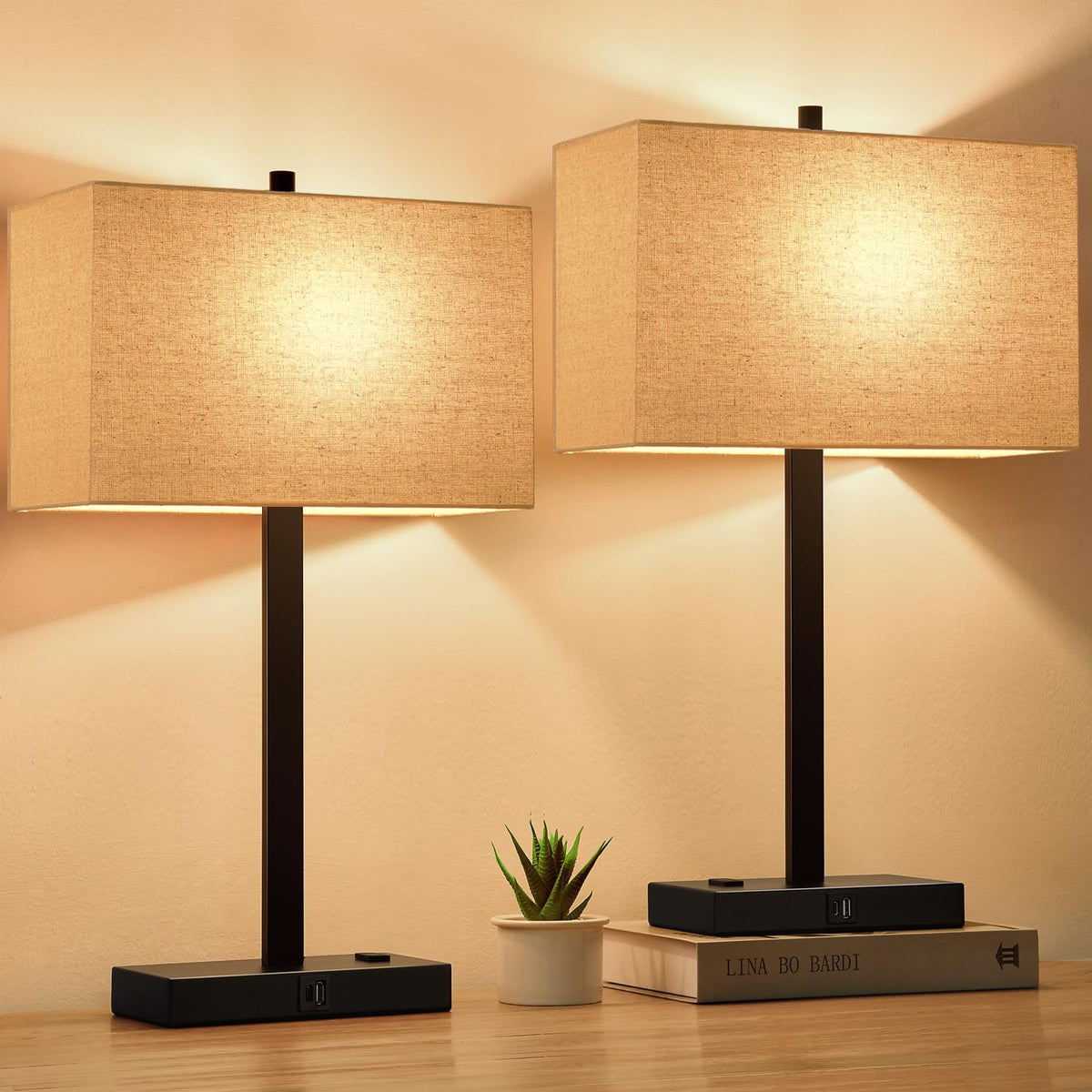 Lynnoland Set of 2 Touch Control Table Lamps with 2 USB & AC Outlet, 3-Way Dimmable Bedside Nightstand Lamps for Bedroom Living Room Nursery, 800 Lumens 5000K Daylight Bulbs Included