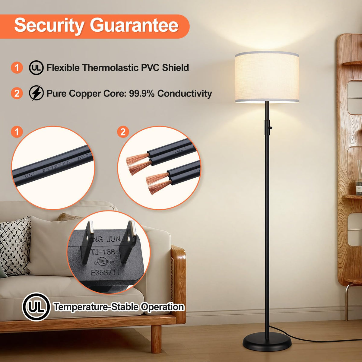 【Upgraded】 Dimmable Floor Lamp for Living Room,1000 Lumens Bulb Included, Modern Floor Lamps Simple Design with Linen Shade, Tall Standing Lamp for Bedroom Office Dining Room, Black Pole Lamp
