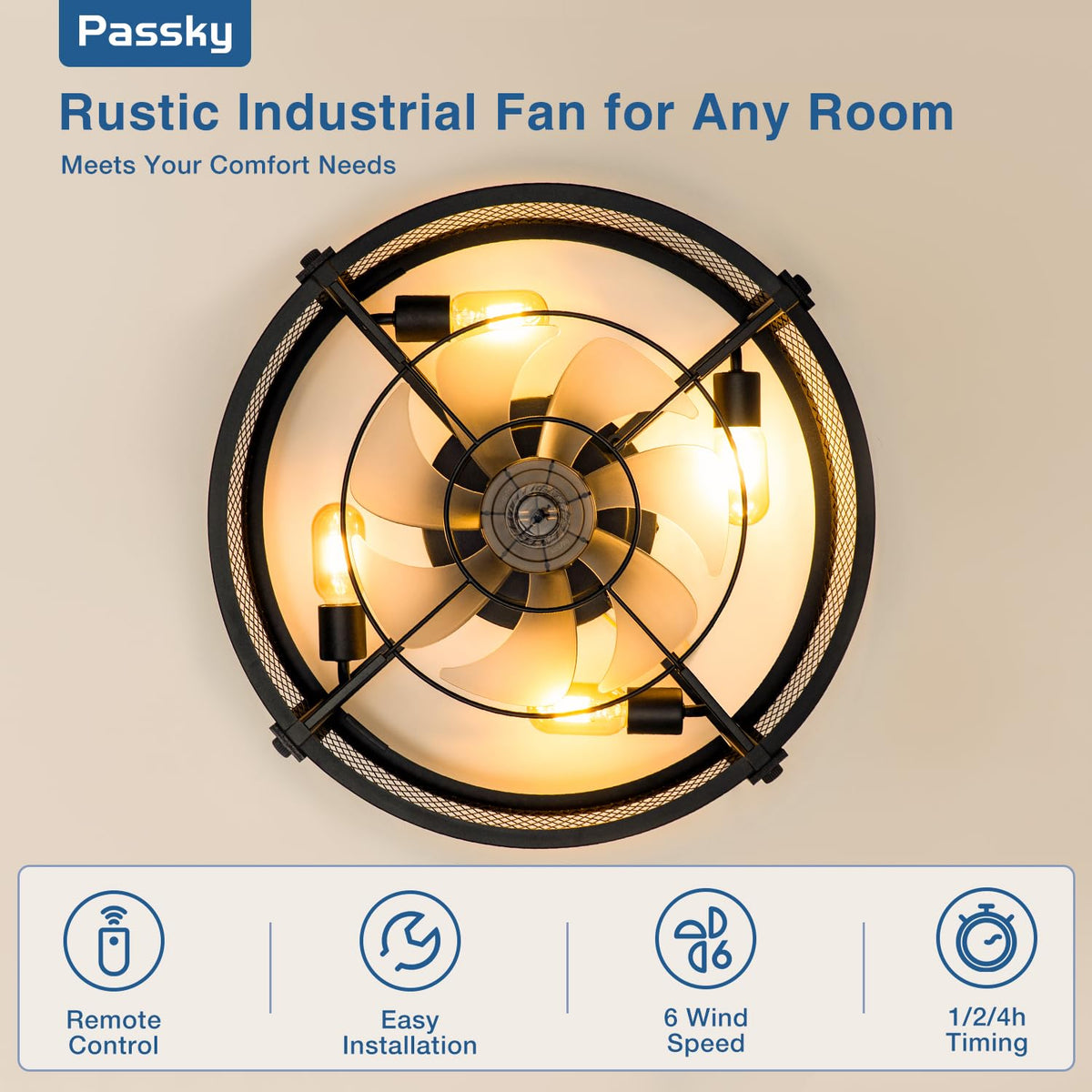 Passky 20" Caged Ceiling Fans with Lights and Remote, Low Profile Fandelier