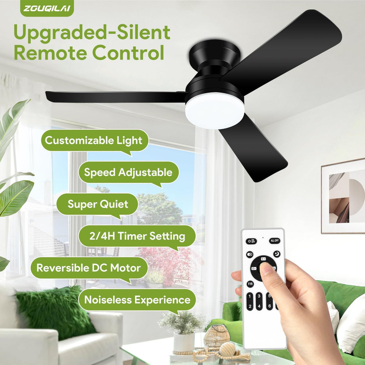 42'' Black Low Profile Ceiling Fans with Lights and Remote Control