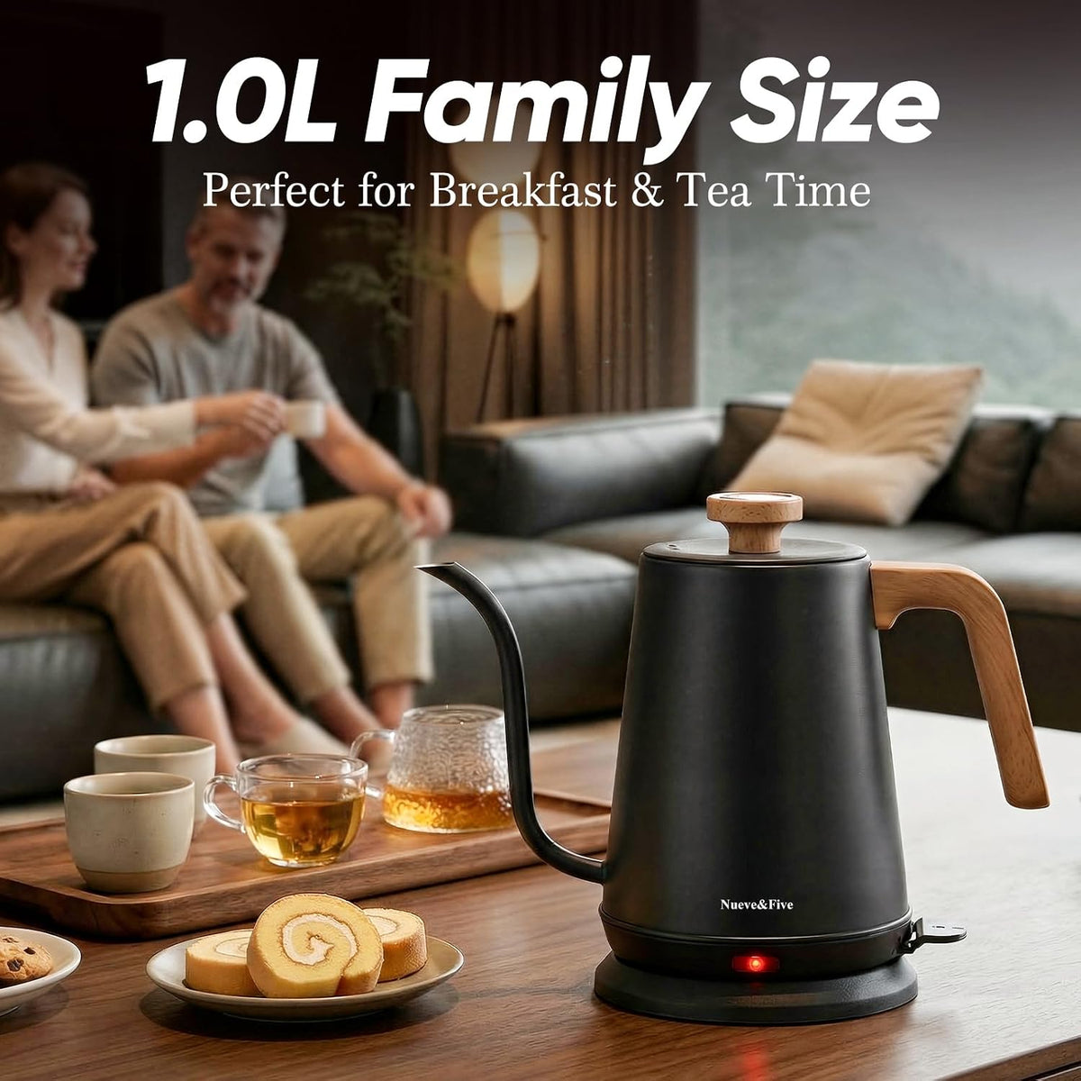 Nueve&Five Electric Gooseneck Kettle with Thermometer, 1.0L Pour Over Hot Water Kettle for Coffee and Tea, 1000W, Auto Shutoff, Boil-Dry Protection, Matte Black