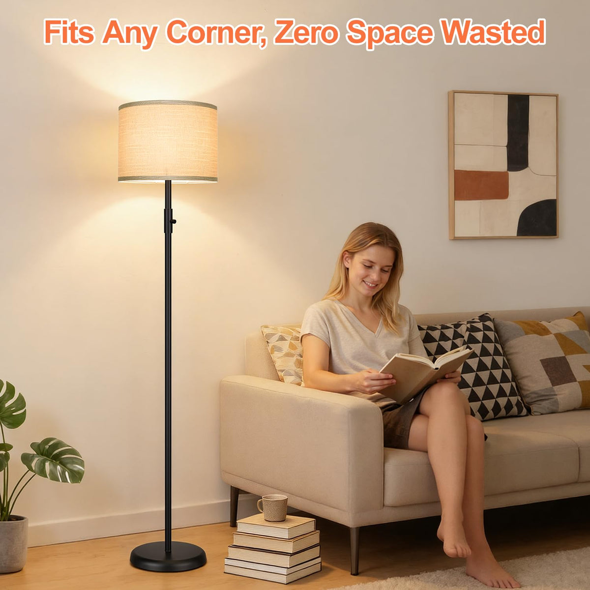 【Upgraded】 Dimmable Floor Lamp for Living Room,1000 Lumens Bulb Included, Modern Floor Lamps Simple Design with Linen Shade, Tall Standing Lamp for Bedroom Office Dining Room, Black Pole Lamp