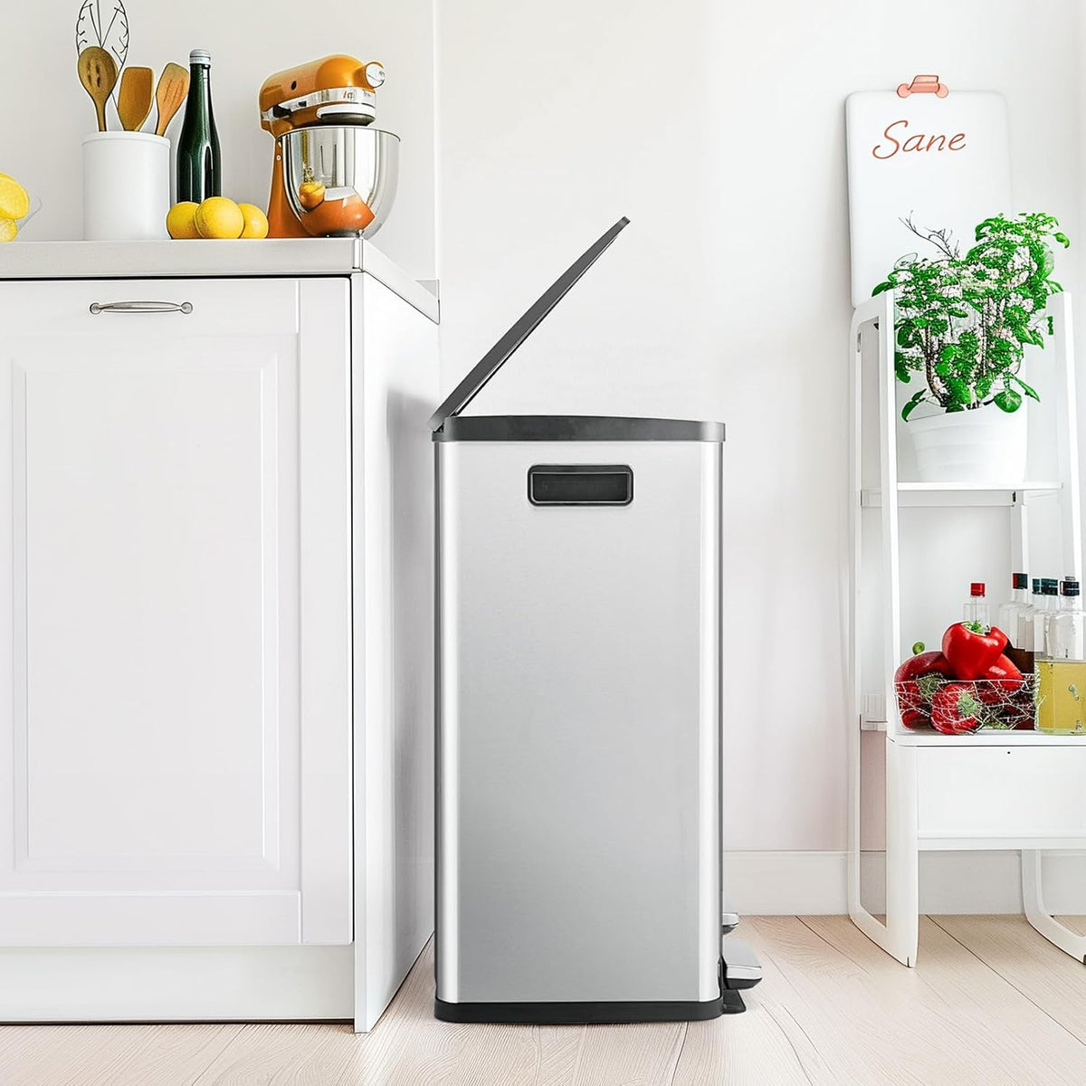 NEWBULIG 16 Gallon Dual Compartment Kitchen Trash Can, Stainless Steel, 60L