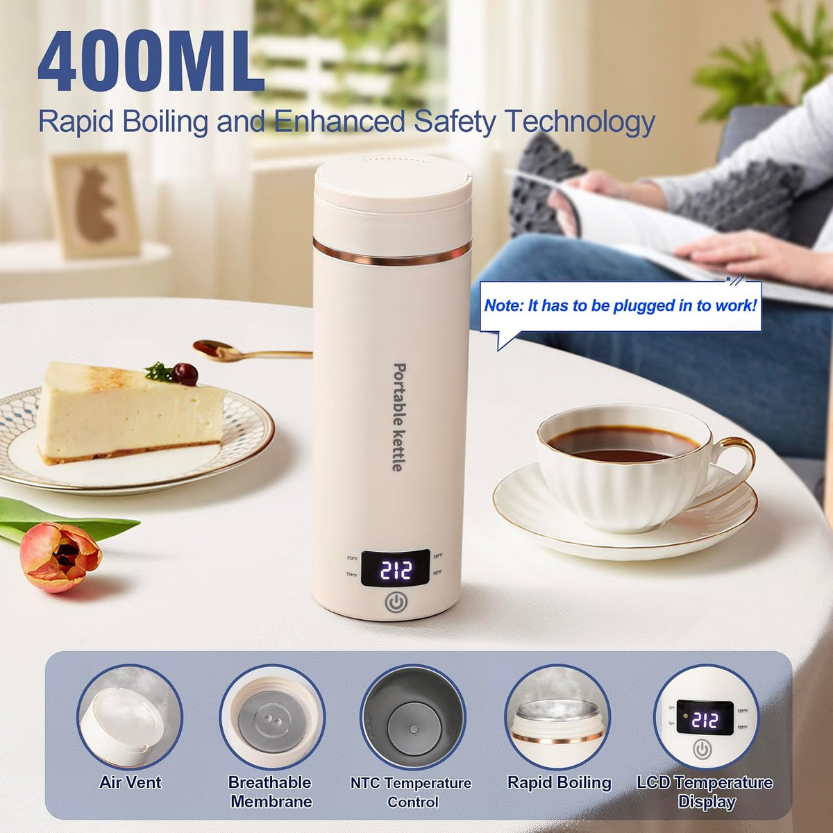 Portable Electric Kettle for Travel 120V, 13.5oz, 4 Temp Settings