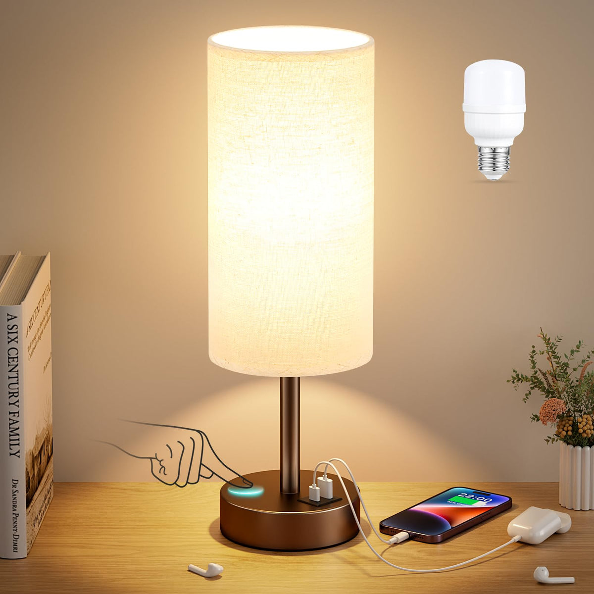 Dicoool Bedside Table Lamp for Bedroom - 3-Way Dimmable Touch Lamp, USB A+C