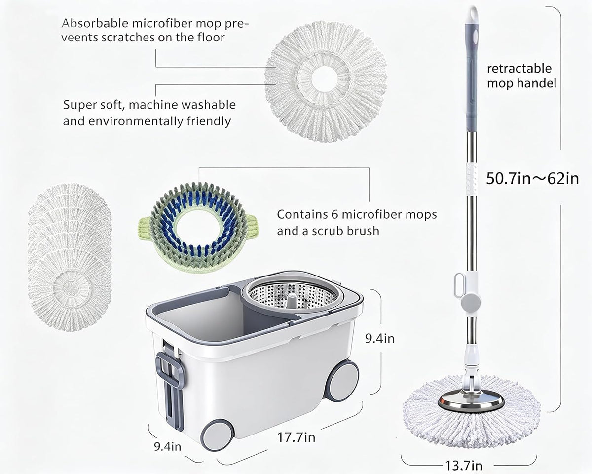 Michao Spin Mop Bucket Deluxe 360 Spinning Floor Cleaning System