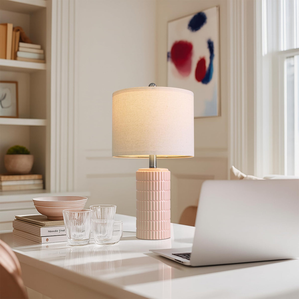 PoKat 20.75" Small Modern Ceramic Table Lamps Set of 2 for Bedroom, White
