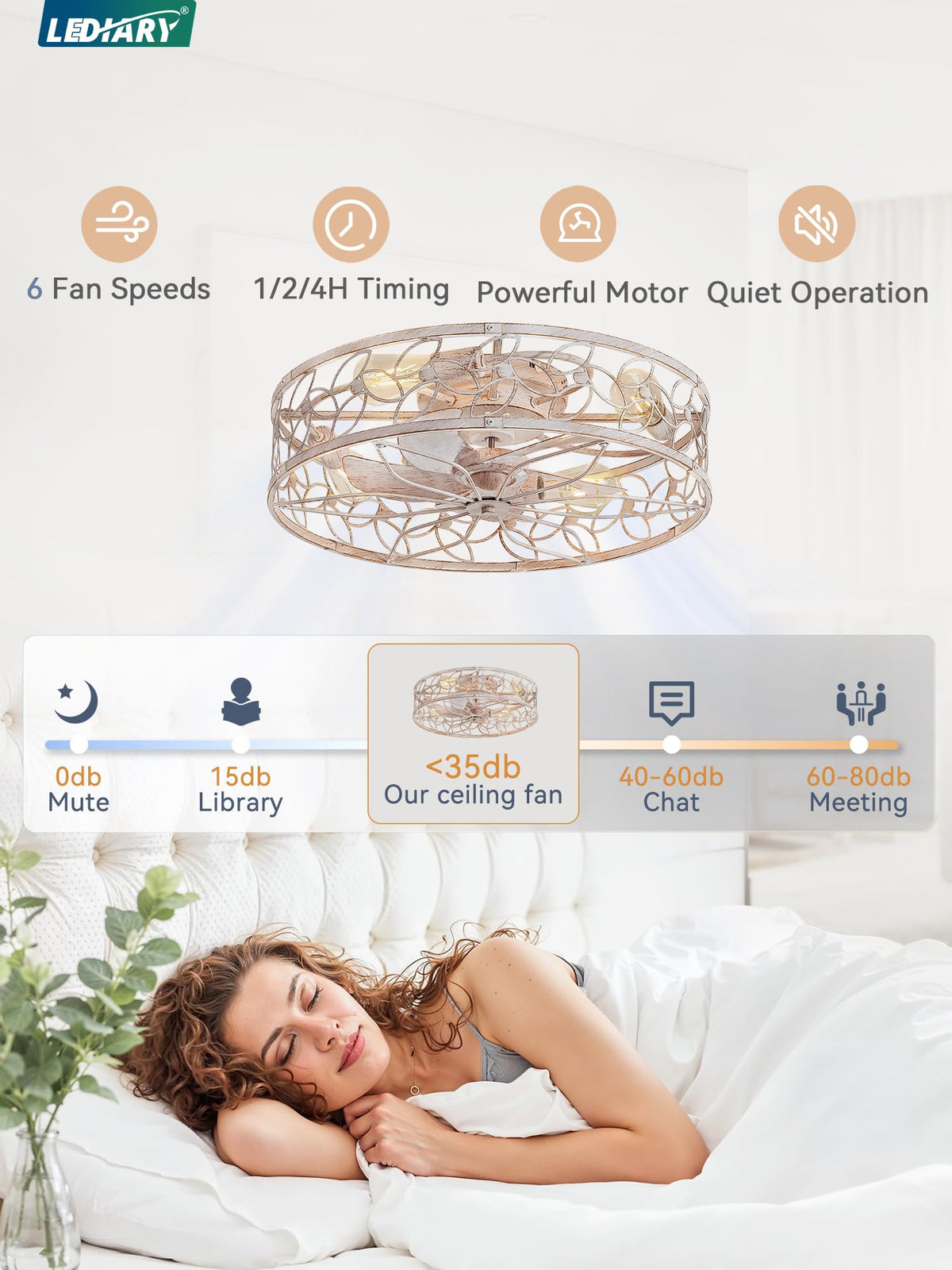 LEDIARY Caged Ceiling Fan with Light, Flush Mount Fandalier with Remote