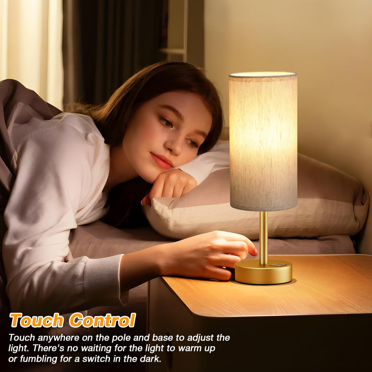 Dicoool Bedside Table Lamp for Bedroom - 3-Way Dimmable Touch Lamp, USB A+C