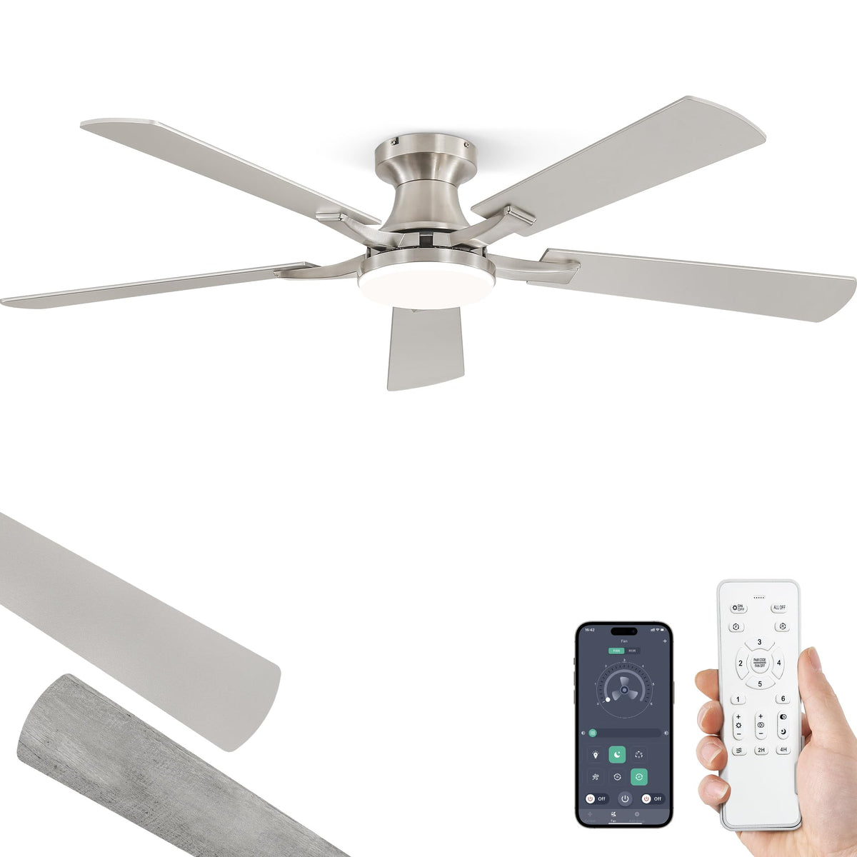 ZMISHIBO 52 Inch Ceiling Fans with Lights, Remote&App Control, Flush Mount